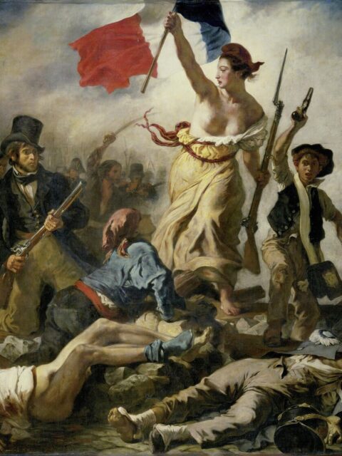 La Liberté guidant le Peuple d’Eugène Delacroix, l’allégorie romantique des Trois Glorieuses, reproduite à l’huile peinte à la main sur toile