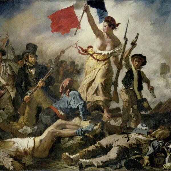 La Liberté guidant le Peuple d’Eugène Delacroix, l’allégorie romantique des Trois Glorieuses, reproduite à l’huile peinte à la main sur toile
