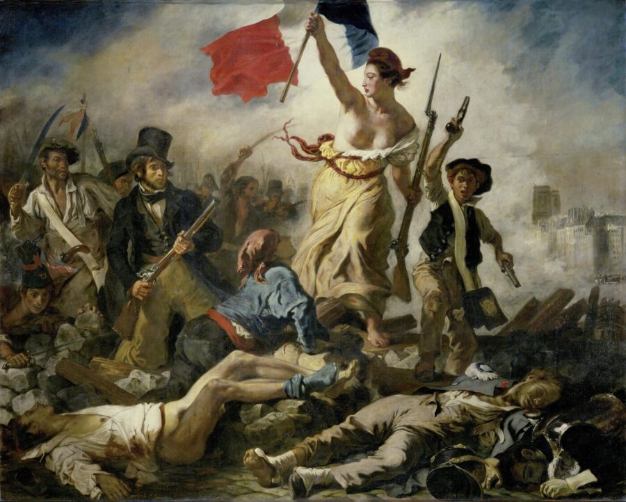 La Liberté guidant le Peuple d’Eugène Delacroix, l’allégorie romantique des Trois Glorieuses, reproduite à l’huile peinte à la main sur toile