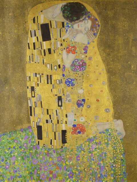 Le Baiser de Gustav Klimt, l’étreinte à la feuille d’or de la Sécession viennoise, reproduit à l’huile peinte à la main sur toile