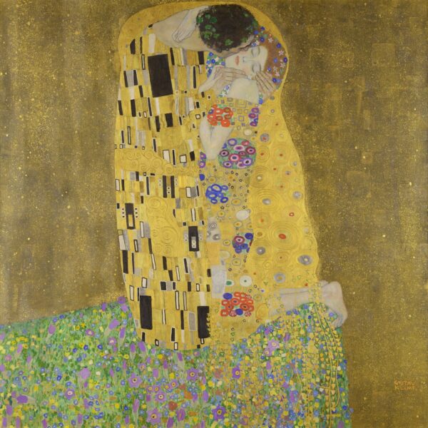 Le Baiser de Gustav Klimt, l’étreinte à la feuille d’or de la Sécession viennoise, reproduit à l’huile peinte à la main sur toile
