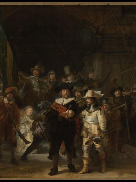 La Ronde de Nuit de Rembrandt, la scène de garde civique baroque au clair-obscur dramatique, reproduite à l’huile peinte à la main sur toile