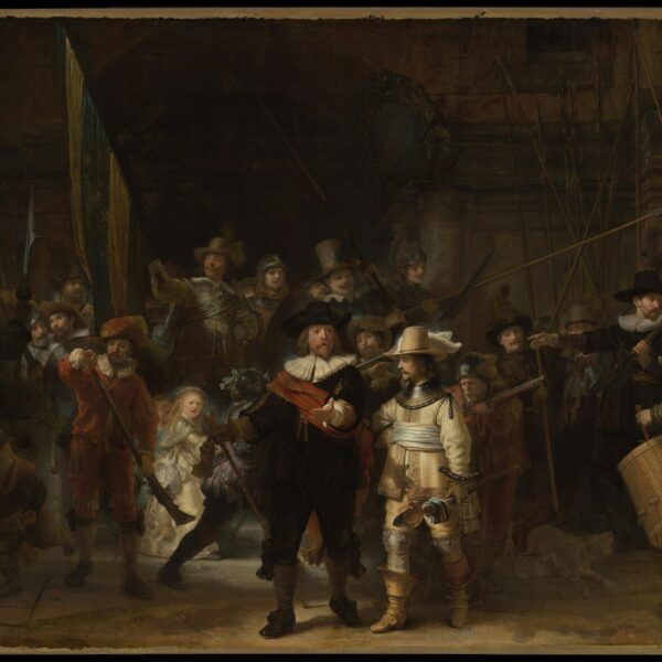 La Ronde de Nuit de Rembrandt, la scène de garde civique baroque au clair-obscur dramatique, reproduite à l’huile peinte à la main sur toile