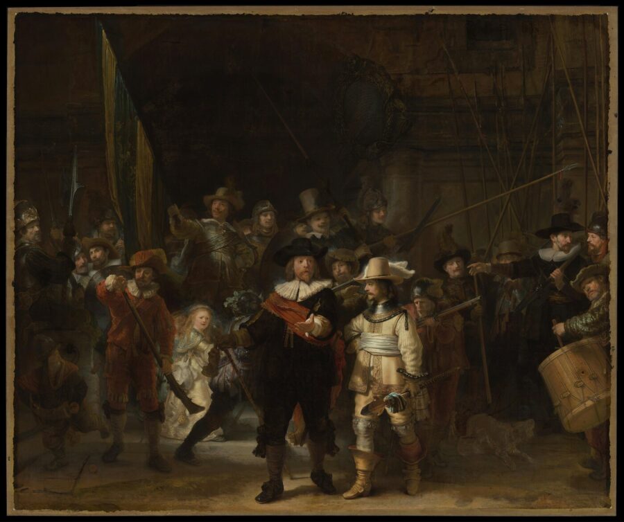 La Ronde de Nuit de Rembrandt, la scène de garde civique baroque au clair-obscur dramatique, reproduite à l’huile peinte à la main sur toile