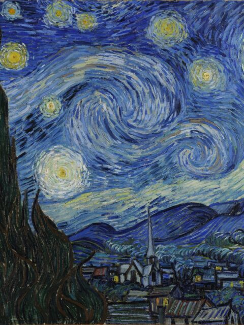 La Nuit Étoilée de Vincent van Gogh, ciel nocturne tourbillonnant au-dessus de Saint-Rémy, reproduite à l’huile peinte à la main sur toile