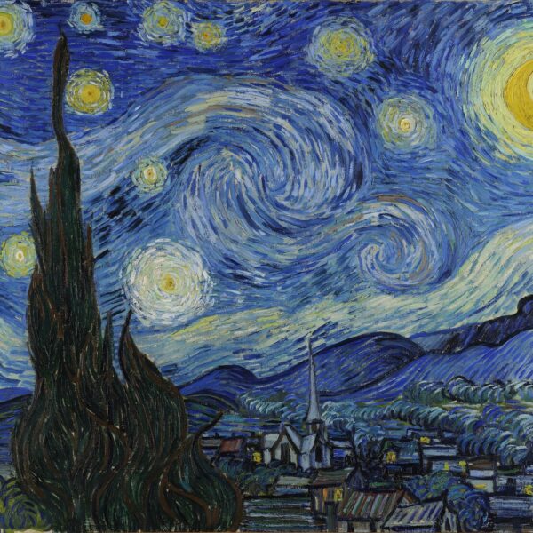 La Nuit Étoilée de Vincent van Gogh, ciel nocturne tourbillonnant au-dessus de Saint-Rémy, reproduite à l’huile peinte à la main sur toile