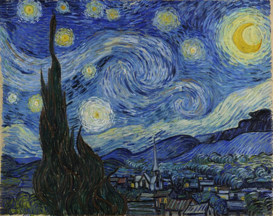 La Nuit Étoilée de Vincent van Gogh, ciel nocturne tourbillonnant au-dessus de Saint-Rémy, reproduite à l’huile peinte à la main sur toile