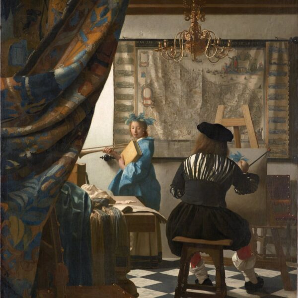 Un peintre à son chevalet travaillant sur un portrait, illustrant le processus de commande de portrait à l’huile peint à la main