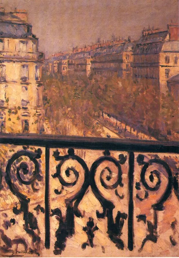 A Balcony in Paris (1880) by Gustave Caillebotte — original painting reproduced as a hand-painted oil on canvas