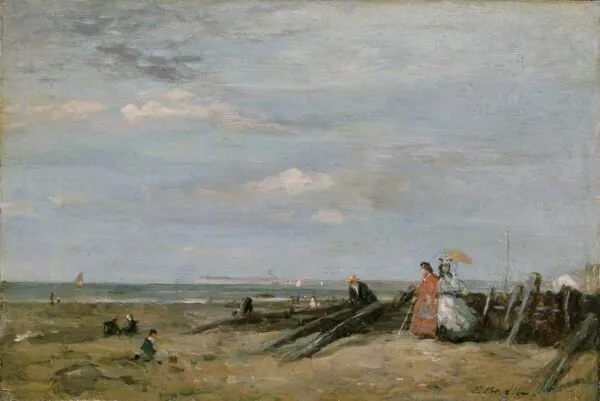 A Beach Scene at Trouville (1865) by Eugène Louis Boudin — original painting reproduced as a hand-painted oil on canvas