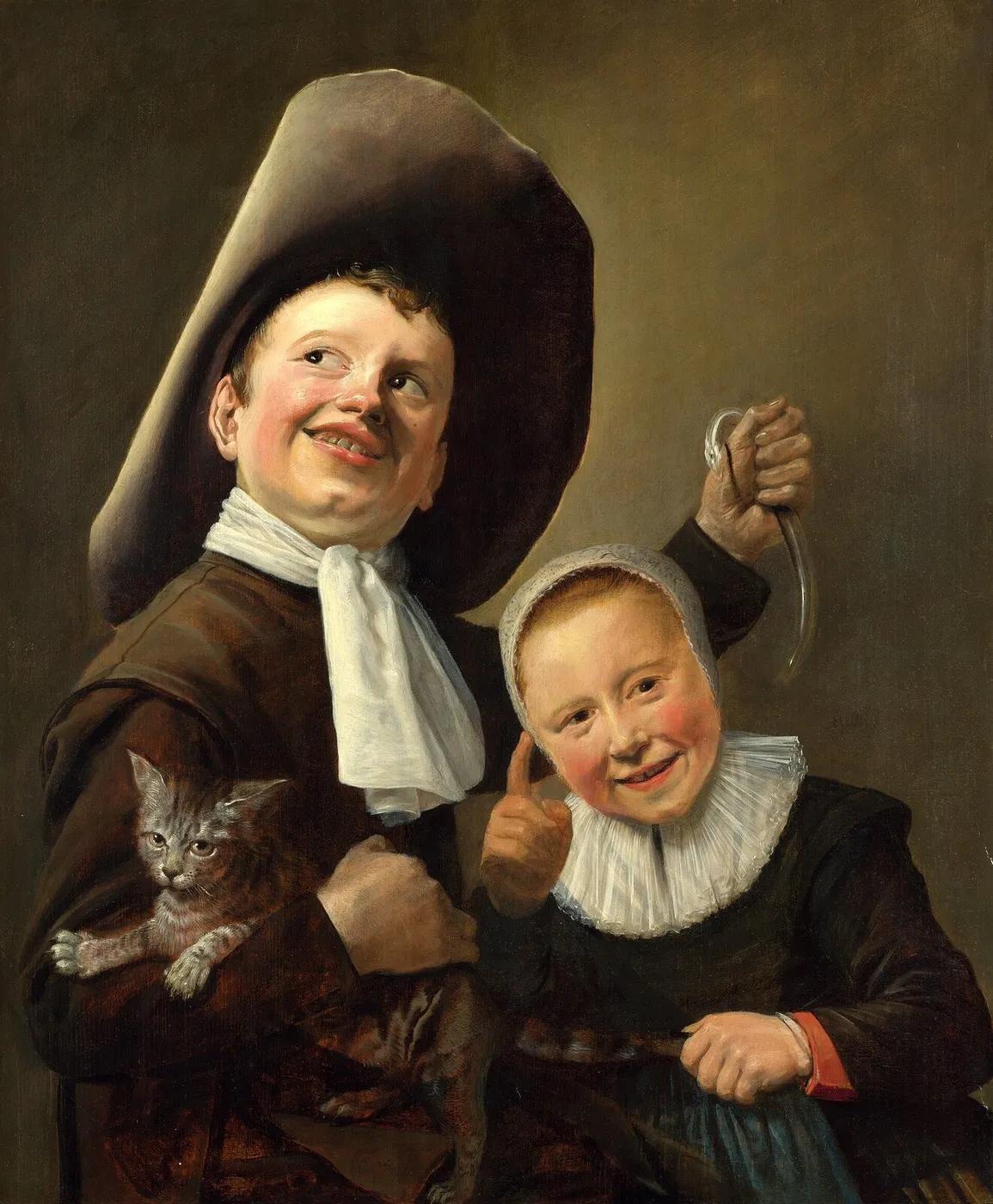 A boy and a girl with a cat and an eel (1635) by Judith Leyster — original painting reproduced as a hand-painted oil on canvas