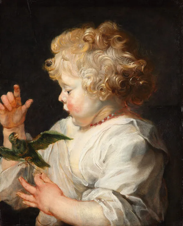 A child with bird (1625) by Peter Paul Rubens — original painting reproduced as a hand-painted oil on canvas