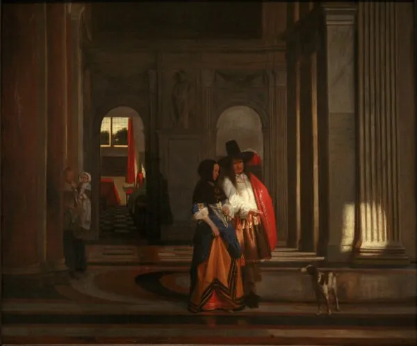 A Couple Walking in the Amsterdam Town Hall (1663) by Pieter de Hooch — original painting reproduced as a hand-painted oil on canvas