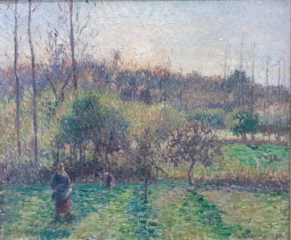 À Eragny, dans mon pré, soleil couchant (1894) by Camille Pissarro — original painting reproduced as a hand-painted oil on canvas