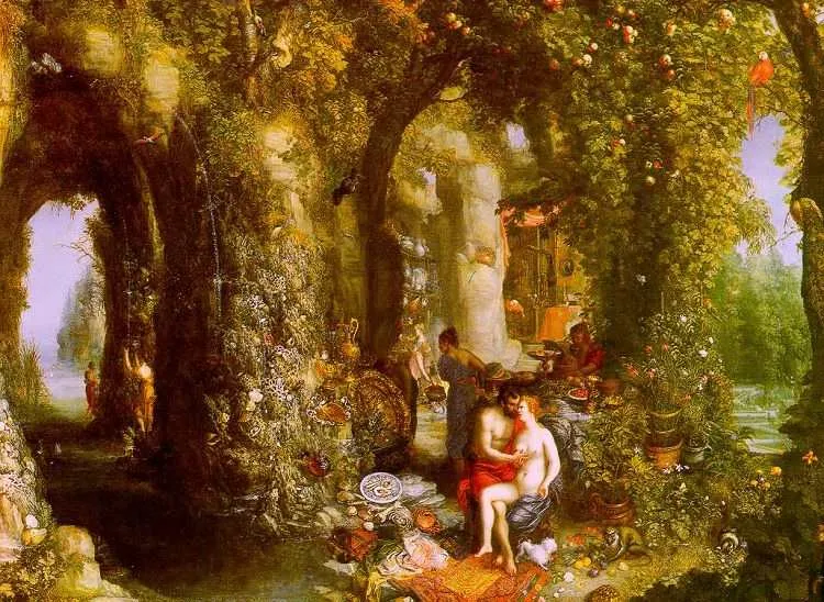 A Fantastic cave with Odysseus and Calypso (1616) by Jan Brueghel the Elder — original painting reproduced as a hand-painted oil on canvas