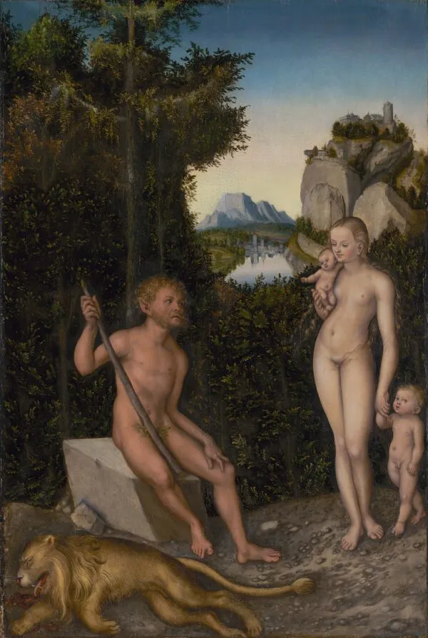 A Faun and His Family with a Slain Lion (1526) by Lucas Cranach the Elder — original painting reproduced as a hand-painted oil on canvas