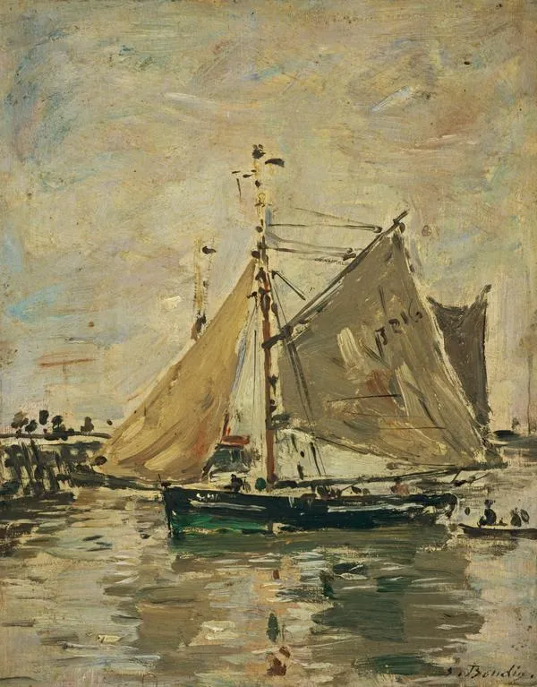A Fishing Boat, Trouville (1894) by Eugène Louis Boudin — original painting reproduced as a hand-painted oil on canvas