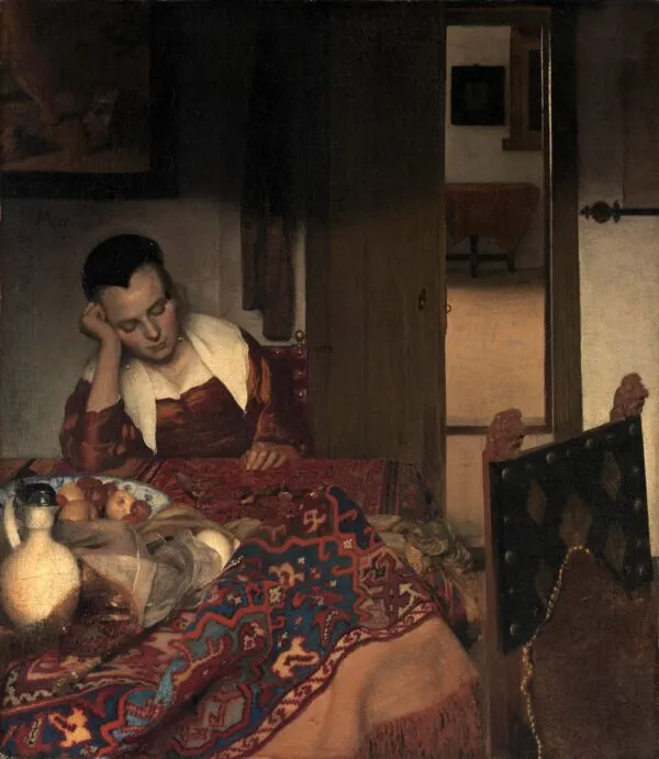 A Girl Asleep (1657) by Johannes Vermeer — original painting reproduced as a hand-painted oil on canvas
