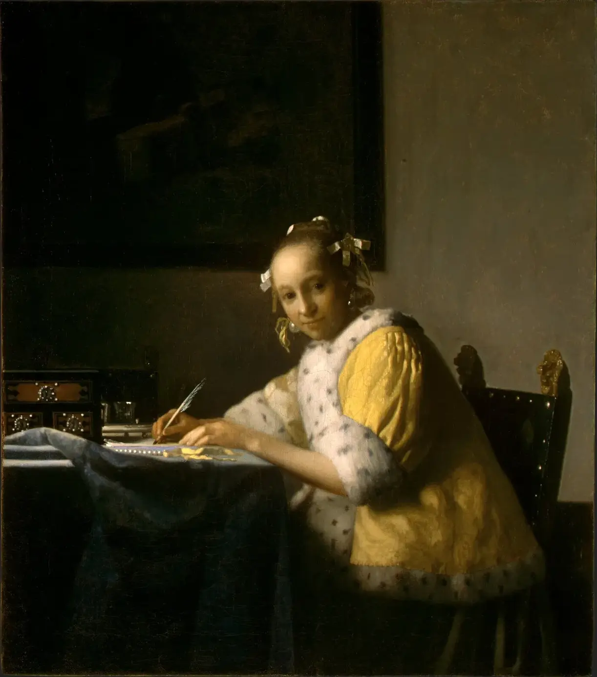 A Lady Writing a Letter (1665) by Johannes Vermeer — original painting reproduced as a hand-painted oil on canvas