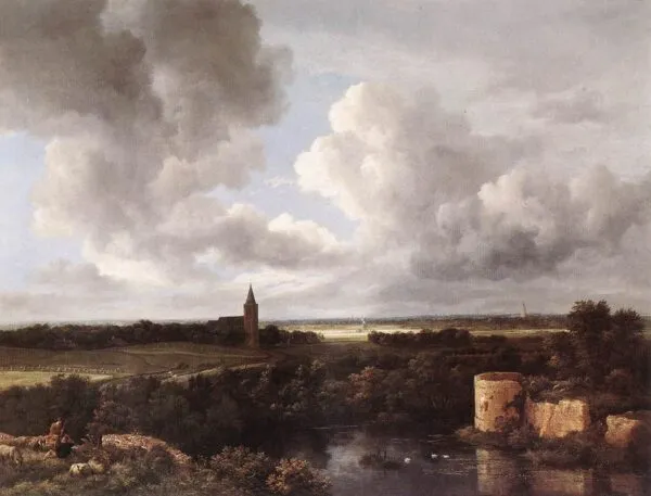 A Landscape with a Ruined Castle and a Church (1665) by Jacob van Ruisdael — original painting reproduced as a hand-painted oil on canvas
