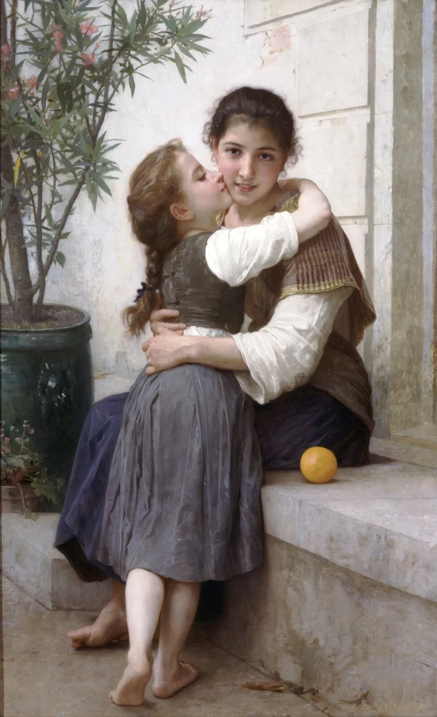 A Little Coaxing (1890) by William-Adolphe Bouguereau — original painting reproduced as a hand-painted oil on canvas