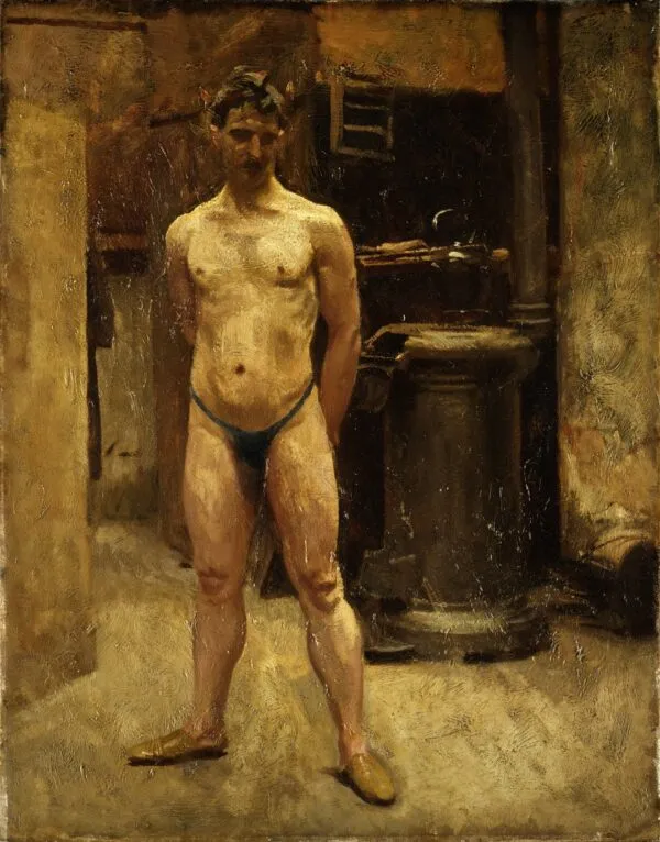 A Male Model Standing before a Stove (1875) by John Singer Sargent — original painting reproduced as a hand-painted oil on canvas