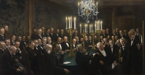 A meeting in the Royal Danish Academy of Sciences and Letters (1897) by Peder Severin Krøyer — original painting reproduced as a hand-painted oil on canvas
