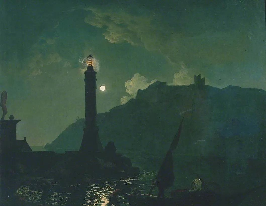 A Moonlight with a Lighthouse, Coast of Tuscany (1789) by Joseph Wright of Derby — original painting reproduced as a hand-painted oil on canvas