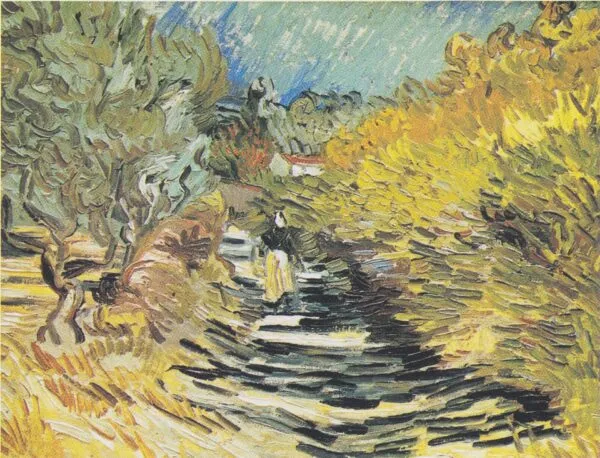 A Road at Saint-Remy with Female Figure (1889) by Vincent van Gogh — original painting reproduced as a hand-painted oil on canvas