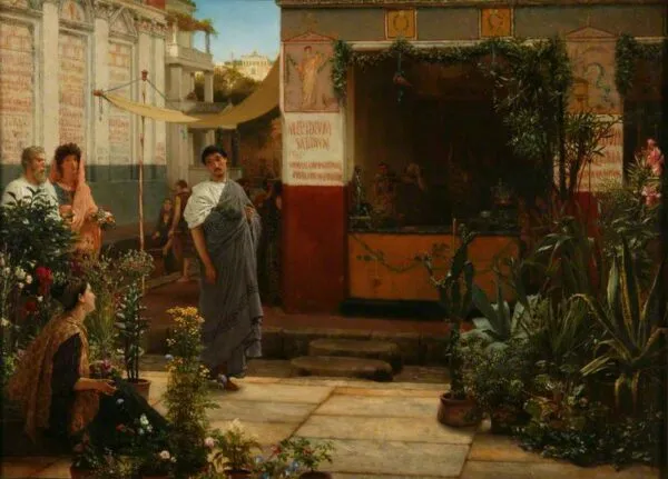 A Roman Flower Market (1868) by Lawrence Alma-Tadema — original painting reproduced as a hand-painted oil on canvas