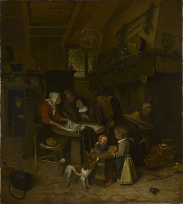 A Scene in a Peasant Kitchen with a Servant Laying the Cloth (1660) by Jan Steen — original painting reproduced as a hand-painted oil on canvas