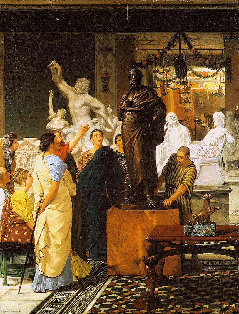 A Sculpture Gallery in Rome at the Time of Agrippa (1867) by Lawrence Alma-Tadema — original painting reproduced as a hand-painted oil on canvas