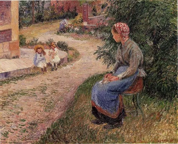 A servant seated in the garden at Eragny (1884) by Camille Pissarro — original painting reproduced as a hand-painted oil on canvas