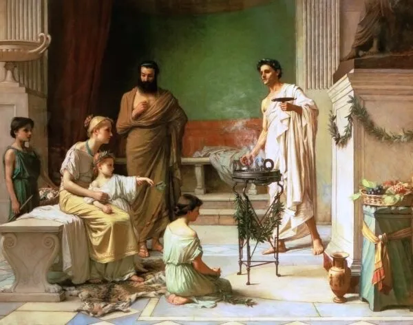 A Sick Child brought into the Temple of Aesculapius (1877) by John William Waterhouse — original painting reproduced as a hand-painted oil on canvas