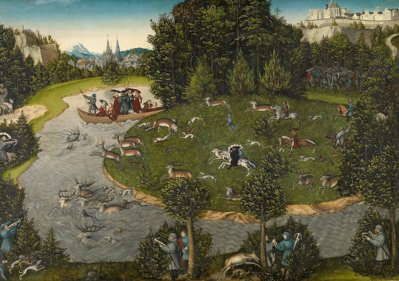 A Stag Hunt with the Elector Friedrich the Wise of Saxony (1529) by Lucas Cranach the Elder — original painting reproduced as a hand-painted oil on canvas