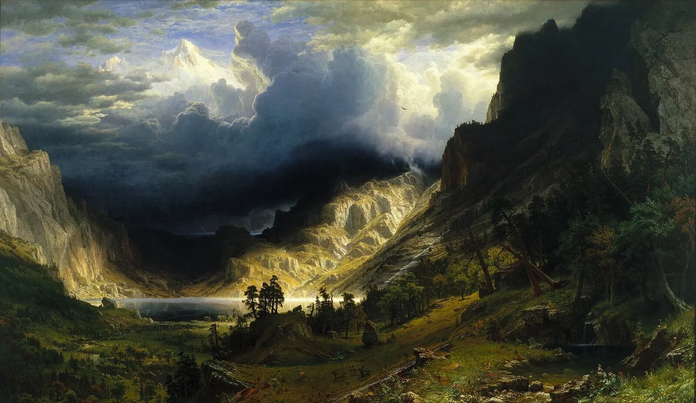 A Storm in the Rocky Mountains, Mt. Rosalie (1866) by Albert Bierstadt — original painting reproduced as a hand-painted oil on canvas