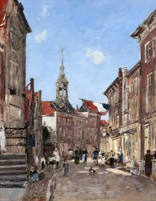 A Street in Dordrecht (1884) by Eugène Louis Boudin — original painting reproduced as a hand-painted oil on canvas