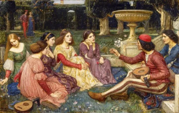 A Tale from the Decameron (1916) by John William Waterhouse — original painting reproduced as a hand-painted oil on canvas