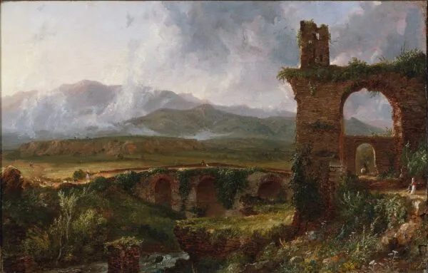 A View near Tivoli (Morning) (1832) by Thomas Cole — original painting reproduced as a hand-painted oil on canvas