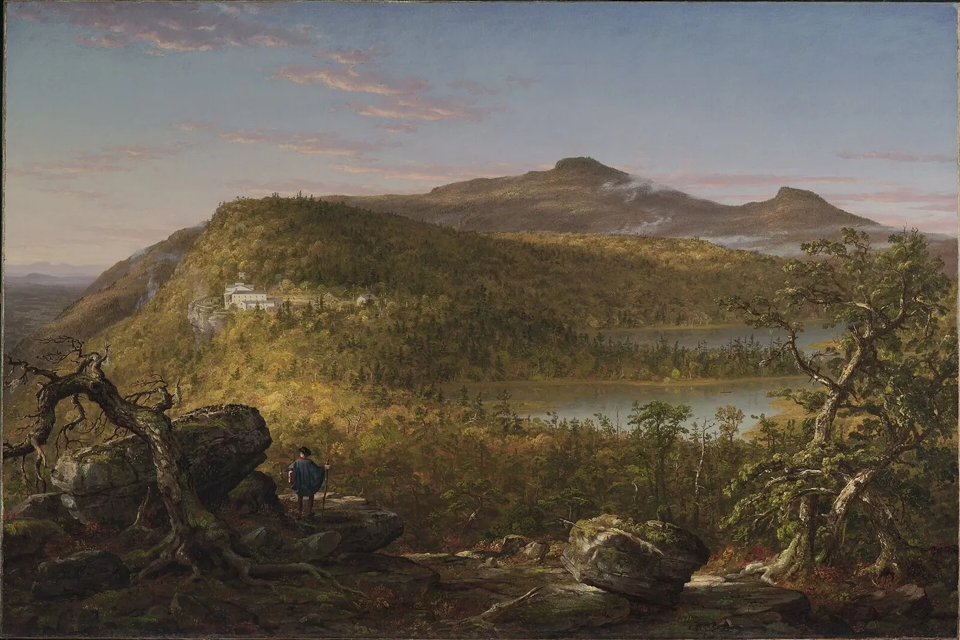 A View of the Two Lakes and Mountain House, Catskill Mountains, Morning (1844) by Thomas Cole — original painting reproduced as a hand-painted oil on canvas