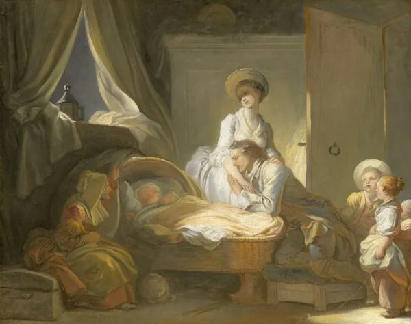A Visit to the Nursery (1775) by Jean-Honoré Fragonard — original painting reproduced as a hand-painted oil on canvas