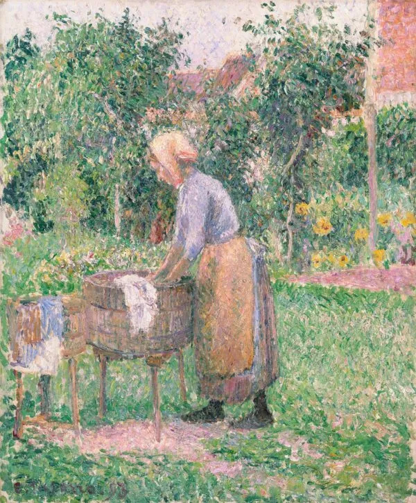 A Washerwoman at Éragny (1893) by Camille Pissarro — original painting reproduced as a hand-painted oil on canvas