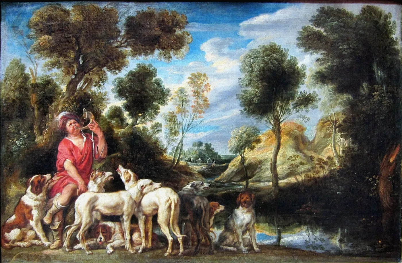 A whipper-in and his dogs (1635) by Jacob Jordaens — original painting reproduced as a hand-painted oil on canvas