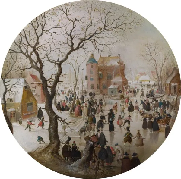 A Winter Scene with Skaters near a Castle (1608) by Hendrick Avercamp — original painting reproduced as a hand-painted oil on canvas