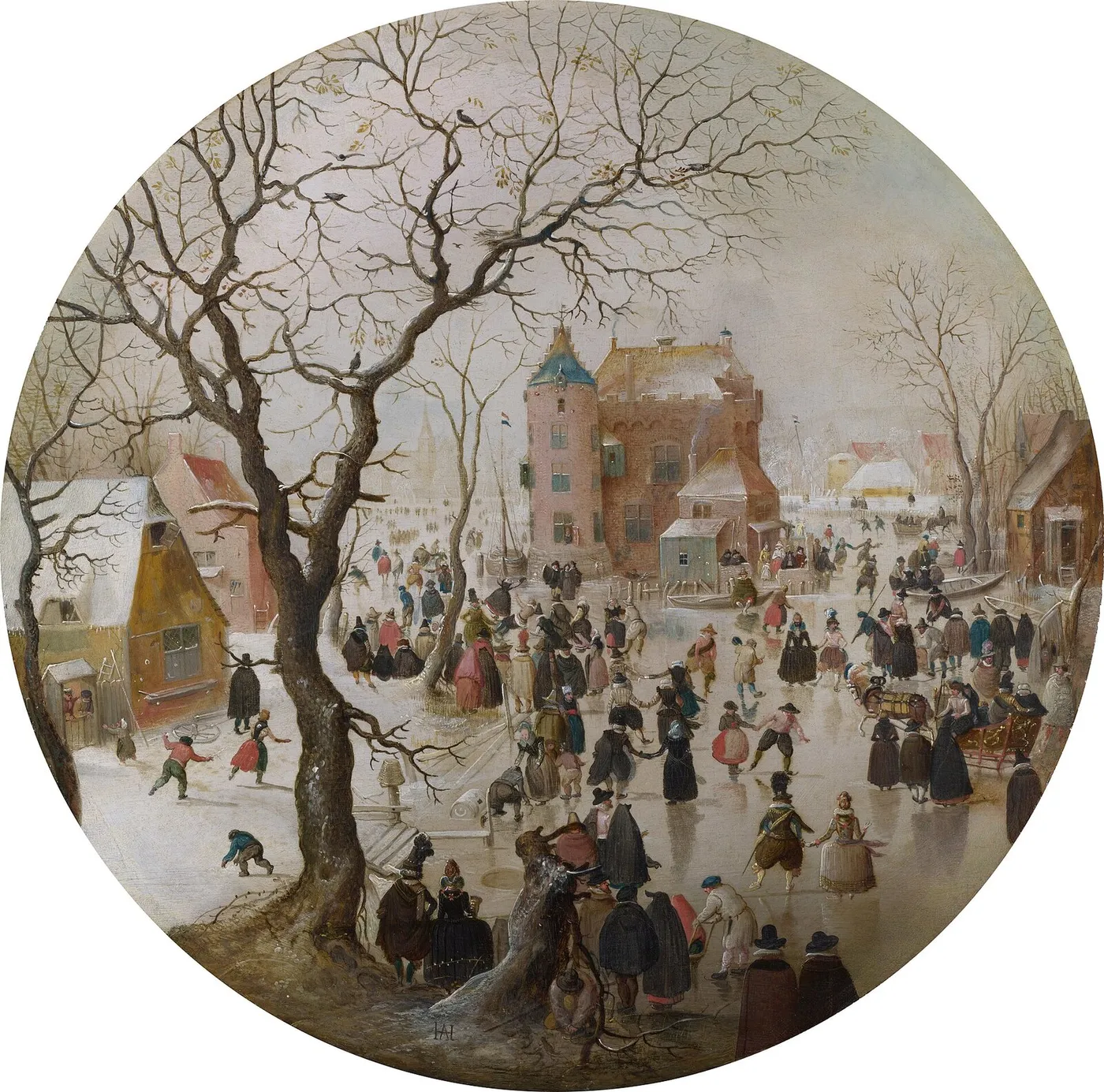 A Winter Scene with Skaters near a Castle (1608) by Hendrick Avercamp — original painting reproduced as a hand-painted oil on canvas