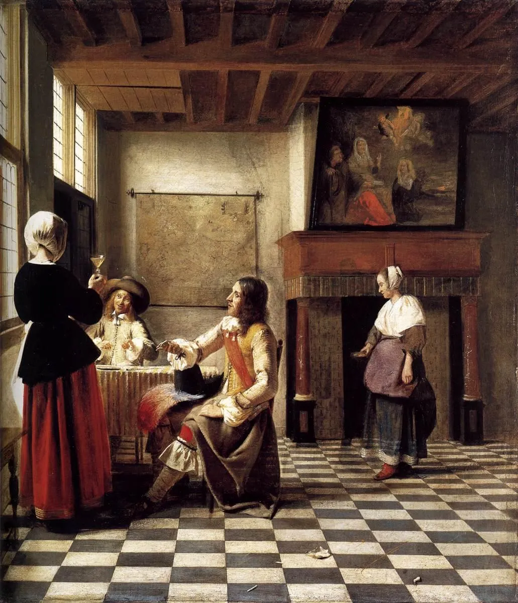 A Woman Drinking with Two Men (1658) by Pieter de Hooch — original painting reproduced as a hand-painted oil on canvas