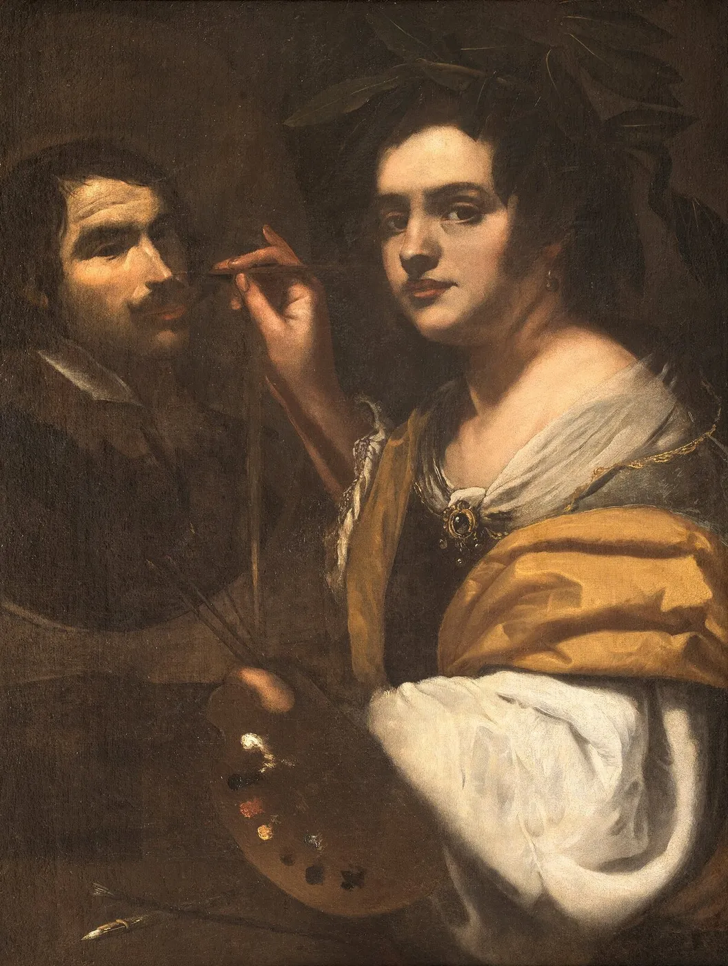 A Woman Painting a Man (Autoritratto - Allegoria della Pittura) (1630) by Artemisia Gentileschi — original painting reproduced as a hand-painted oil on canvas