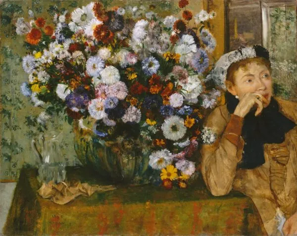 A Woman Seated beside a Vase of Flowers (1865) by Edgar Degas — original painting reproduced as a hand-painted oil on canvas