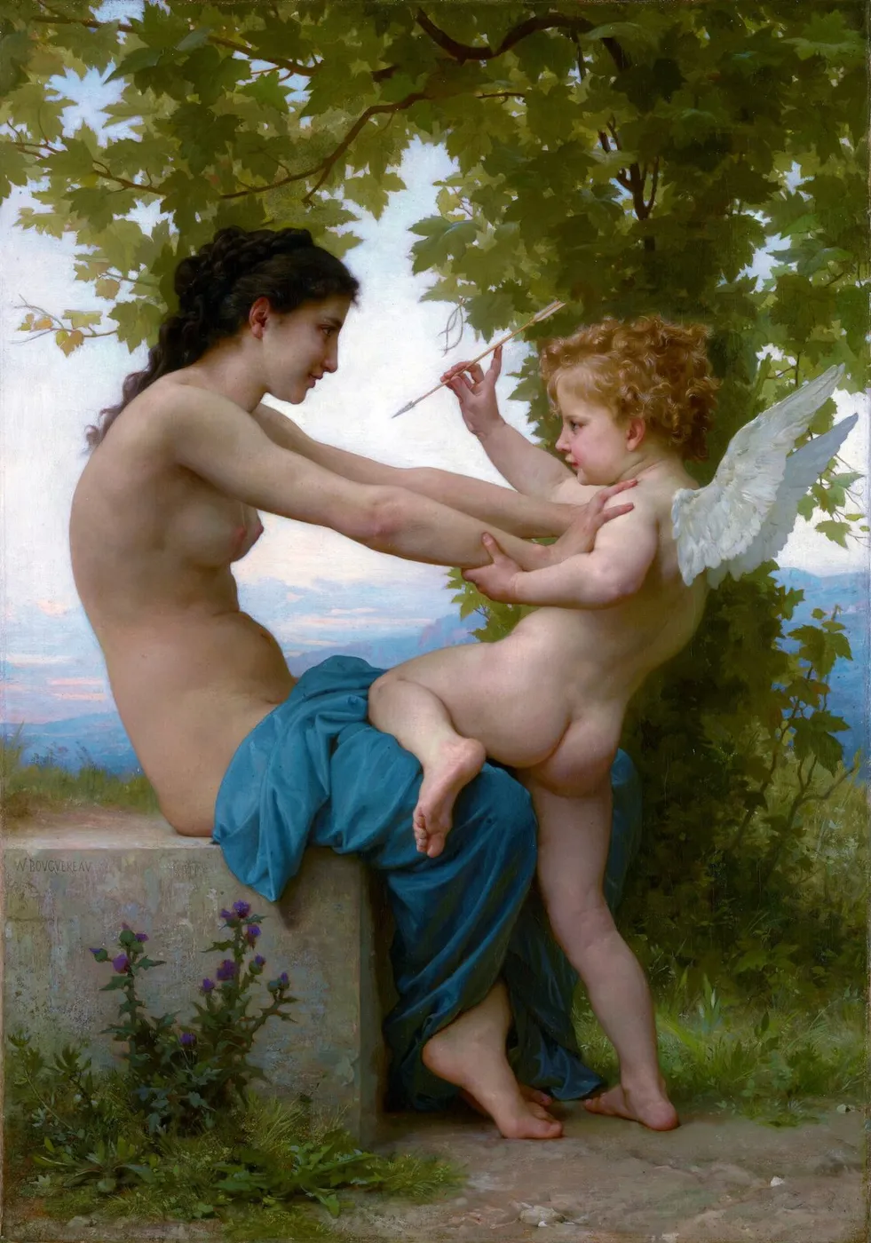 A Young Girl Defending Herself against Eros (1880) by William-Adolphe Bouguereau — original painting reproduced as a hand-painted oil on canvas