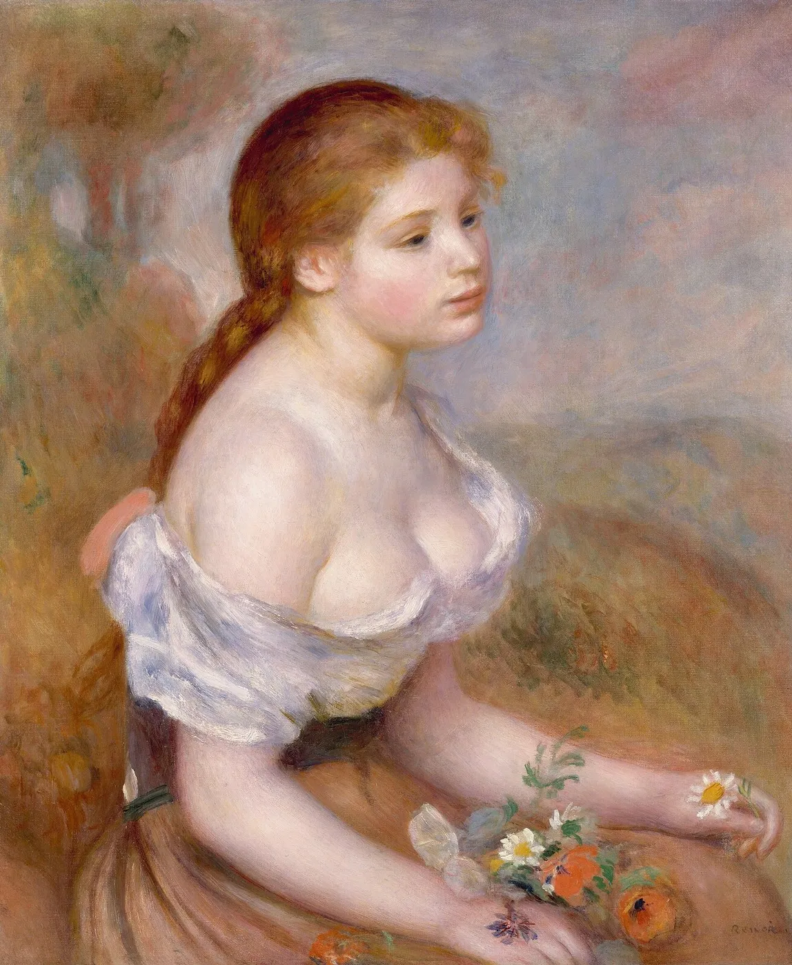 A Young Girl with Daisies (1889) by Pierre-Auguste Renoir — original painting reproduced as a hand-painted oil on canvas